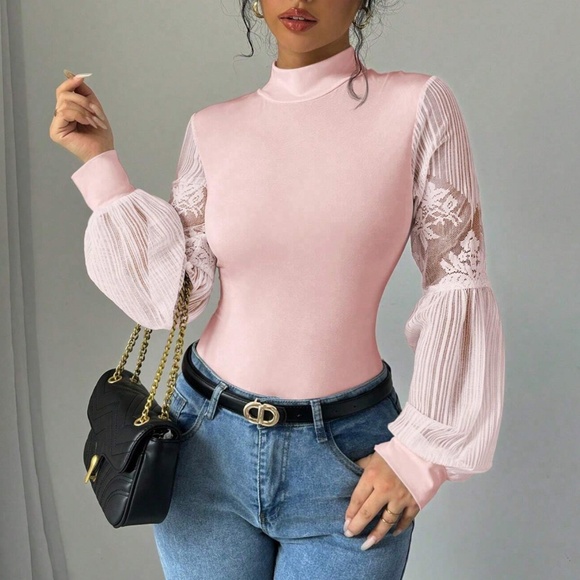 Luxe Mock Neck Fitted Floral Print Semi Sheer Long Sleeve Bodysuit - Picture 3 of 8